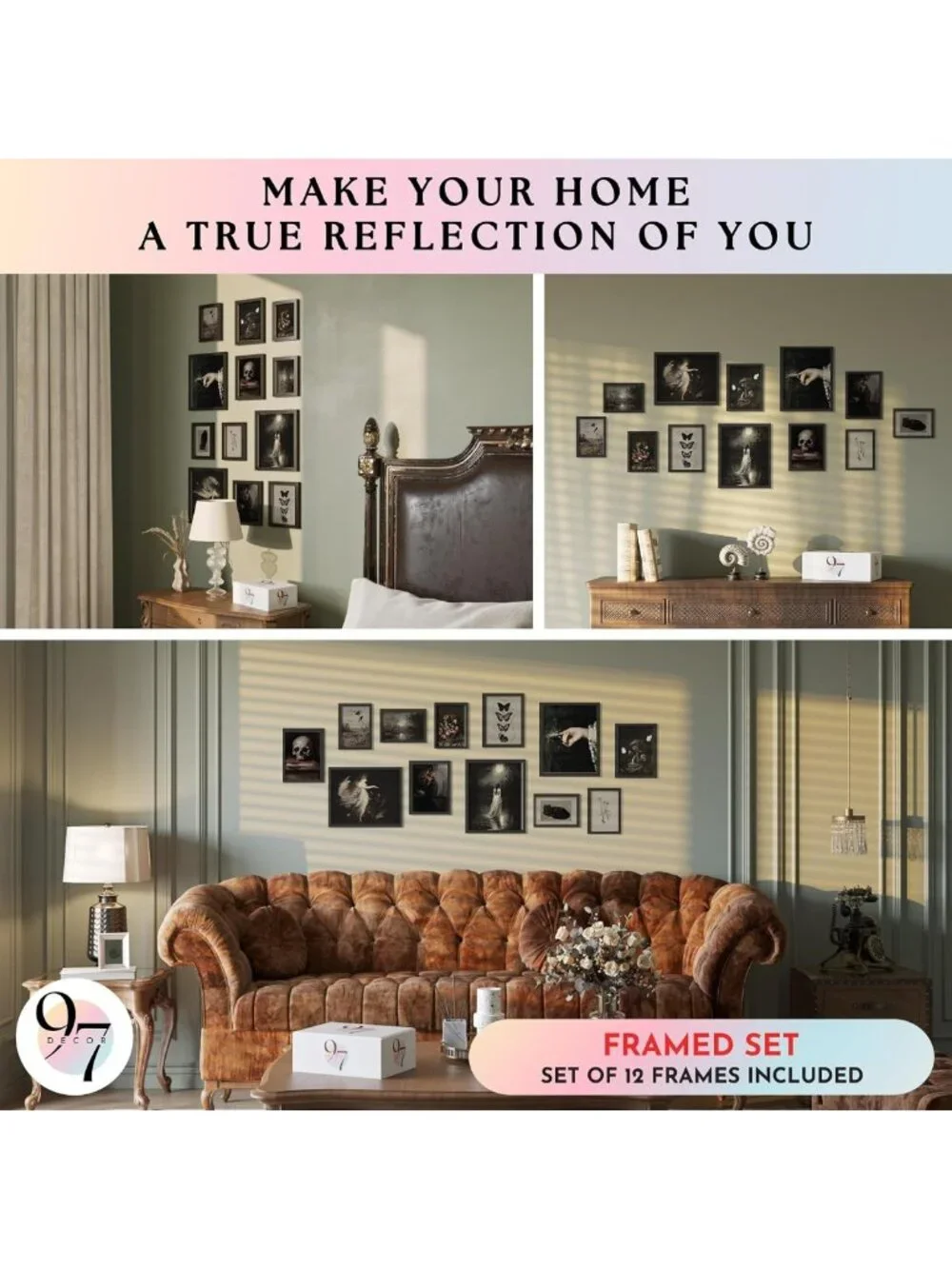 Framed Gothic Wall Art Set - Dark Academia Decor, Elegant Black Frame, Home